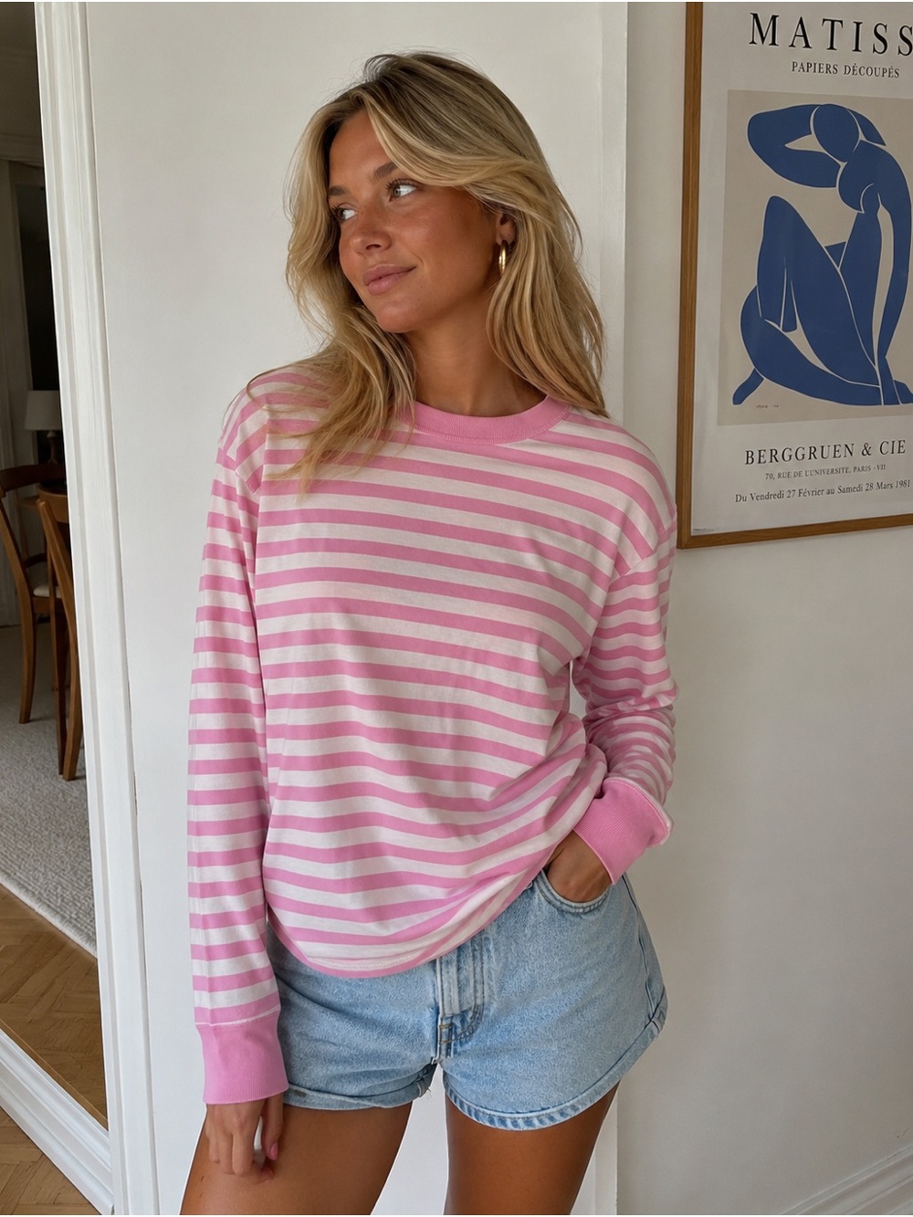 Hanna Andersson Pink Cream Striped Cotton Long Sleeve Top L Preppy Scandinavian